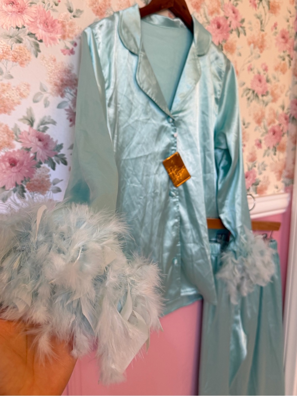 Tiffany Satin Feel Feather Trim Pajama Set - Light Aqua mission one button
